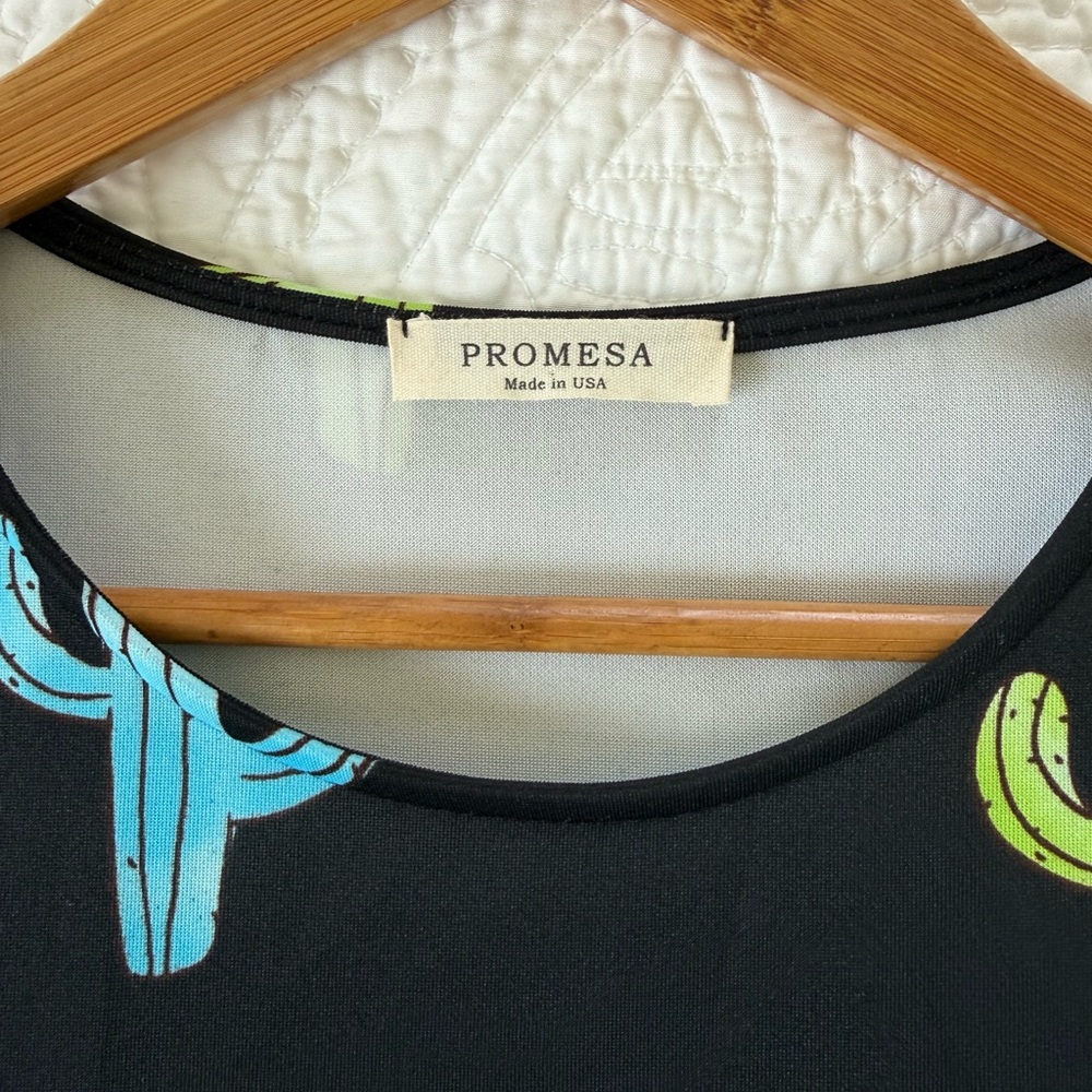 Promesa Cactus Print Midi Dress Size Small Made in USA Black Novelty Print - Picture 3 of 9